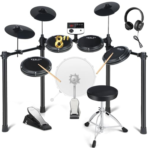 Fesley Elektrisches Schlagzeug für Anfänger: Musik-Schlagzeug mit 4 doppellagigem Netzpolster, leise und hochelastisch, 25,4 cm (10 Zoll), Doppelzone, Kopfhörer, Drumsticks, Midi