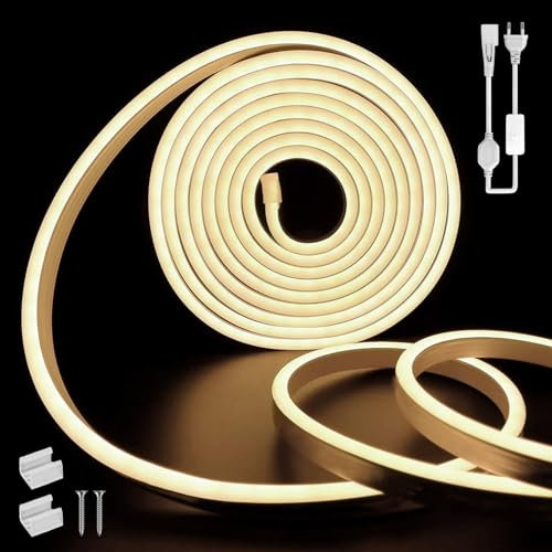 SUCIKORIO Neon LED Streifen 2m, Wasserdicht Feuerfest IP65 Led Strip Naturweiss 4000K 230V Leds Lichterkette Außen 120 LED/M Flexibler DIY Lichtband Aussenbereich mit Netzteil für Haus, Party, Küche