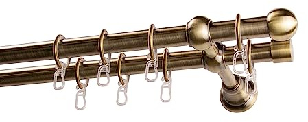 Garesa Gardinenstange Andrea Ø 20mm, 2-läufig, Messing, antik I Stabile Vorhangstange inkl. Ringe + Faltenlegehaken I Mit Endknopf Kugel kurz I 150cm