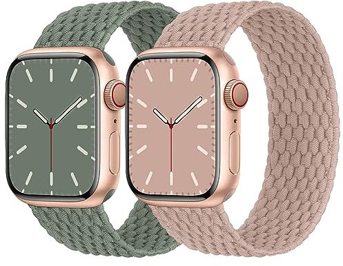 Solo Loop Correa trenzada compatible con Apple Watch 42 mm, 44 mm, 45 mm, 46 mm, 49 mm, nailon elástico para Apple Watch 10 9 8 SE 7 6 5 4 3 2 1, arena rosa/verde viejo L