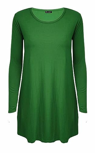 Tease Womens Plain Long Sleeve Stretch A Line Skater Flared Swing Dress Top Plus Size T-Shirt 8-26 (22, Bottle Green)