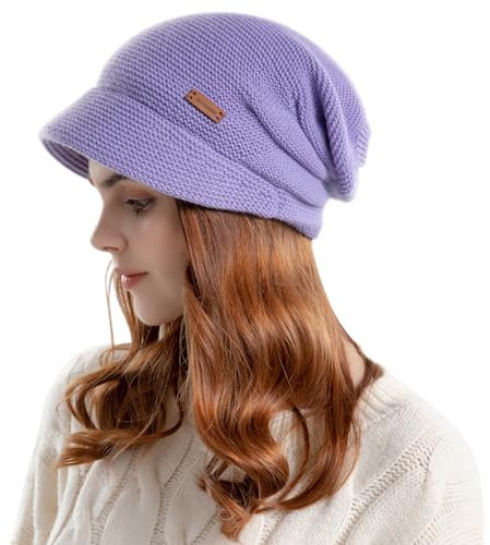 Enwokran Damen Strickmütze Beanie Mütze Gefüttert Fleece mit Krempe Baskenmütze Warme Schirmmütze für Winter (Lila)