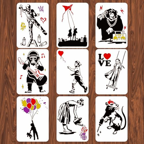 INFUNLY 9 Stück Banksy Schablonen Set zum Zeichnen und Malen Wiederverwendbare Banksy Street Draffiti Schablone zum Malen Banksy Style Pattern Art Stencil zum Malen auf Wandfliesen