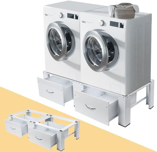 Doppel Untergestell für Waschmaschinen und Trockner, aus Metall, inkl. 2X Schubladen, Stahl Doppeluntergestell Doppelpodest Waschmaschinen Sockel Unterbau Erhöhung | max. 300kg | 126x54x32cm, Weiß