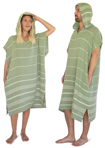 LeStoff Badeponcho - 50% Bio-Baumwolle 50% Hanf - Leicht, Saugstark, Schnelltrocknend, Bio, Strandponcho Kapuze, Handtuchponcho, Surf Poncho, Handtuchkleid, Duschponcho, Umziehponcho (Leaf, L)