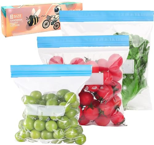 Syglitter 70 sacchetti per alimenti per congelatore, riutilizzabili, con chiusura lampo, senza BPA, 3 misure, per frutta, carne, cereali, verdure, caramelle