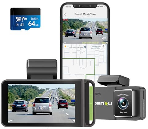 Trenzu 4K+2.5K Dash Cam Front and Rear With 64GB MicroSD | 3 Display, 170° View, Parking Mode, Night Vision, GPS, App Playback & Share for Cars