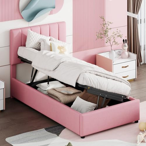 KOMHTOM Letto singolo con contenitore Letto bambini 90 x 200, letto una piazza e mezza con rete a doghe e testiera (materasso non incluso)
