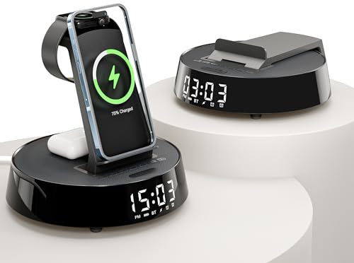 Wireless Charger iphone, Radio Alarm Clock with Wireless Charging Station, Bluetooth Speaker with Dimmable Night Light, 18W Fast Charger Stand for iPhone and Samsung, Apple Watch, AirPods