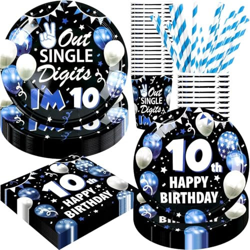 Décorations de 10e anniversaire pour garçons, fournitures de fête d'anniversaire pour garçon de 10 ans, 120 pièces à double chiffres « Happy 10th Birthday » avec assiettes en carton, serviettes,