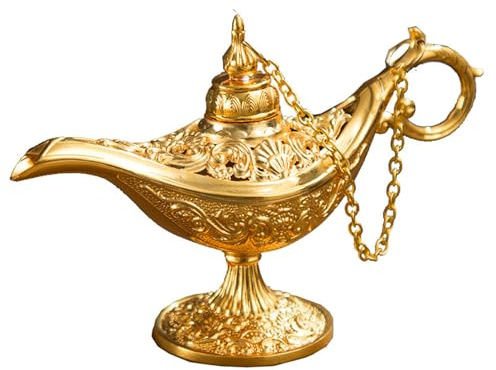 Genie-Lampe Aladdin-Lampe Vintage Golden Arabian Magische Aladdin Genie-Lampe Geschnitzte Legierung Aladdin Spielzeug Wunschlicht mit Kettendeckel für Tisch Cosplay