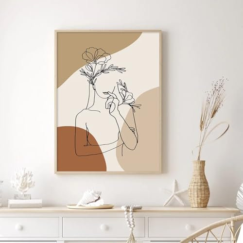 Póster abstracto de dibujo de líneas en color beige neutro y bohemio para mujer, arte de pared, impresión de imágenes, pintura en lienzo para decoración de sala de estar, 20 x 30 cm, sin marco