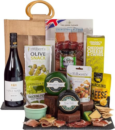 InterHamper | Cheese and Wine Charcuterie Connoisseur Hamper Gift with Cured Meat all presented in a Hessian Gift Bag