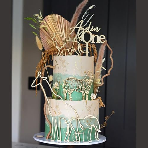 4PCS Animal Safari Jungle Line Theme Cake Topper,Wood Lion,Zebra,Giraffe,Elephant Cake Topper for Baby Shower Holiday Birthday Safari Themed Party
