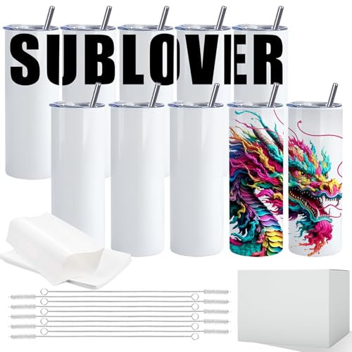 SUBLOVER Sublimation Blanks Tumblers 10 PCS,20 oz Stainless Steel Straight Skinny Tumbler White Double Walled with Straw for Tumbler Press