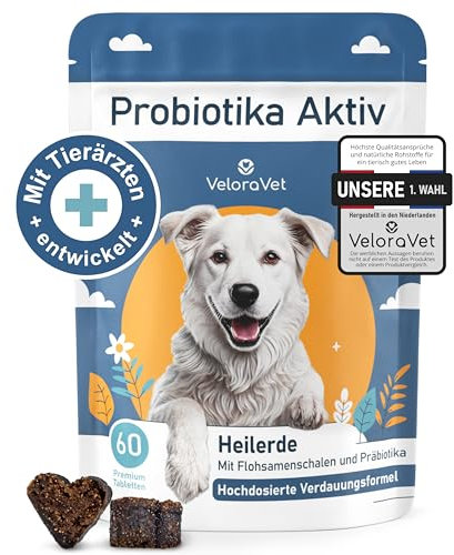 VeloraVet Probiotika Hund – Magen Darmsanierung & Darmkur für Hunde-Darmflora, Präbiotika, Flohsamenschalen & Heilerde, Tierärztlich empfohlen bei Durchfall, Sodbrennen – 70 Probiotika Tabletten