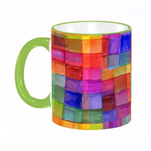 KDWJS Tasse Keramik Kaffeetassen Große 11oz Tassen 330ml Trinkgläser Mit Griff Personalisierte Geschenk Weiß,Abstrakt, Regenbogenfarbe, geometrisches Quadrat mit unscharfen Effekten,