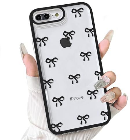 NITITOP Compatible with iPhone 7 Plus / 8 Plus Case Cute Clear Black Durable Ribbon Bowknot Pattern for Girls Women Soft TPU Transparent Full Camera Lens Shockproof Protective Phone Cover - Black