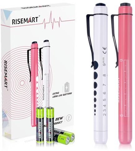 Diagnostikleuchte Pupillenleuchte, RISEMART 2 Stück Wiederverwendbare LED Stiftlampe mit Taschenclip alsr Krankenschwestern Ärzte Schüler Stiftlicht mit 4 Batterien (Rosa und Weiß)
