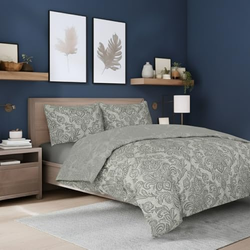 ZIYA HOMES Grey Super King Size Duvet Cover Sets 3pc Poly-Cotton Bedding Set Printed Duvet Covers Hypoallergenic Reversible Quilt Cover, Button Closure with 2 Pillowcases (Damask 260cm x 230cm)