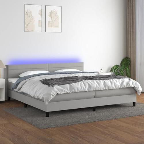 KOIECETA Boxspringbett mit Matratze LED Doppelbett Bett Polsterbett Bettgestell Bettrahmen Lattenrost Schlafzimmerbett Hotelbett Hellgrau 200x200 cm Stoff