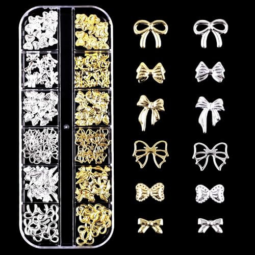 YAISUHCHNYE 3D Bows Nail Charms 1 Boxes 12 Grids Metal Bowknot Nail Gems Golden Silver Bows Nail Studs for Nail Decoration DIY Crafts
