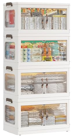 EnHomee Storage Boxes with Lids, 154L 4-Tier Stackable Storage Boxes Large Plastic Storage Drawers with Wheels, Bathroom Storage Drawers, Kitchen Storage & Organisation, Clothes Storage for Bedroom