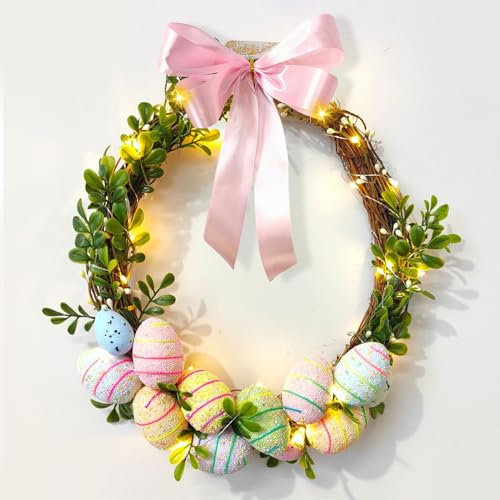 Osterkranz mit Beleuchtung, Osterdeko Türkranz mit LED Lichterkette, Deko Frühling Haustür Künstliche Blumen Kranz mit Ostereier, Ostern Deko Türkranz Frühling Batteriebetrieben für Innen, Außen (A)