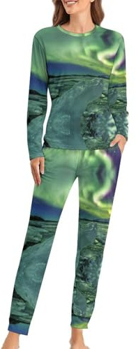 Cmagnifico Damen Rundhals Pyjama Set, Schöne Nordlichter Schlafanzug für Damen, Damen Pyjama mit Taschen, Schöne Nordlichter, 5XL