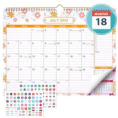JIANTA Kalender 2025-2026 Wandkalender (Monatskalender Querformat 385 * 295mm) Von Juli 2025 bis Dezember 2026-18 Monate Tischkalender mit Stickers für Paarkalender, Familienplaner (Blumen)