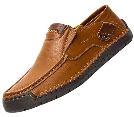 Mocasines de cuero para hombre, sin cordones, de caña baja, ligeros, cómodos, transpirables, informales, para exteriores, zapatos de vestir con suela suave, Brown, 44 EU