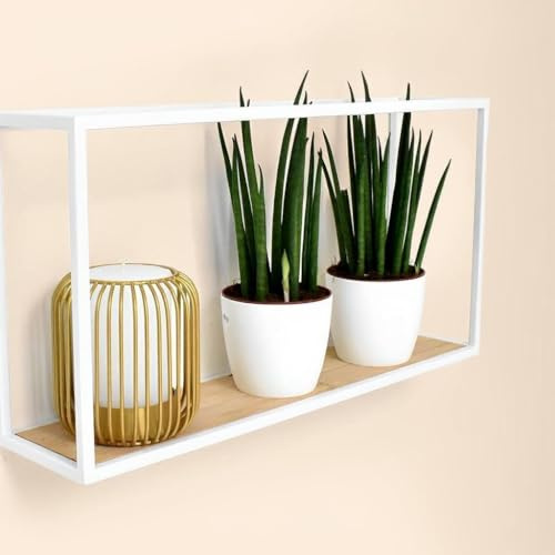 Galeara design Wandregal Metall Weiß mit Bambusholz SOTO - Leicht zu Hängen,- Deko Wandregal Schwarz (Weiß, 52cm x 27cm x 12cm (Weiß, 42cm x 24cm)
