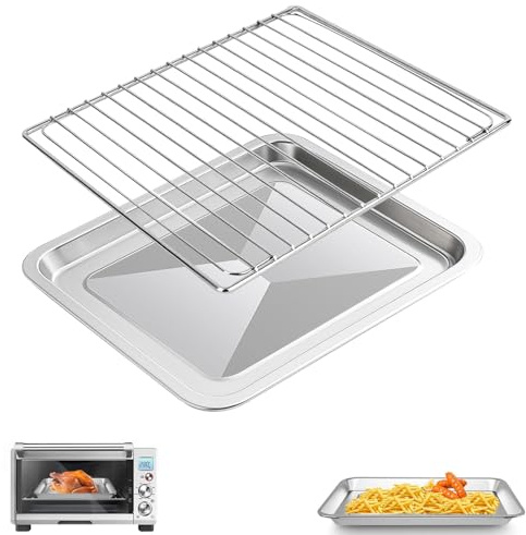 GWYSY Air Fryer Baking Pan & Grill Rack Set for Breville Countertop Oven BOV845BSS, 14''×11.6''&11.77''×11.77', Nonstick Stainless Steel Set 360°Heating Grilling Oven Accessories for Family Cooking