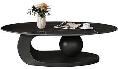 ksxnkhk Moderner ovaler Couchtisch aus Stein, Cocktailtisch mit abstraktem Metallsockel, minimalistische Schiefertischplatte, Schlichter Italienischer Wohnzimmertisch für kleine Wohnungen