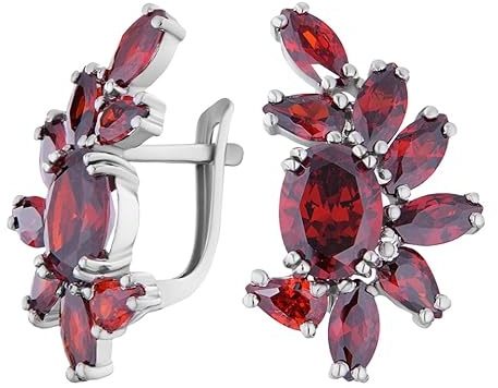 925 Silber Ohrringe, Elegante Creolen mit Granat Edelsteinen, Blütendesign Damen Echtschmuck, Rot