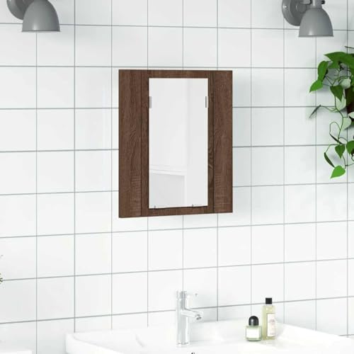 IBUQDDV LED-Spiegelschrank Braun Eichen-Optik 40x12x45 cm Holzwerkstoff mit RGB-Beleuchtung und USB-Anschluss, Wandmontage Badezimmerschrank mit praktischem Acrylspiegel und Stauraum