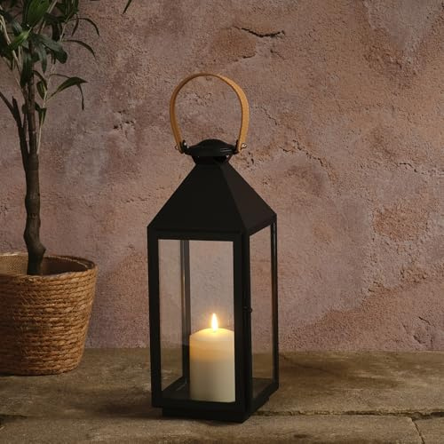 Lights4fun Mittelgroße Schwarze Metall Laterne mit Kunstledergriff | mit LED-Kerze für draußen wetterfest Outdoor | Garten Balkon Terrasse | Batteriebetrieben | Höhe 45,2 cm