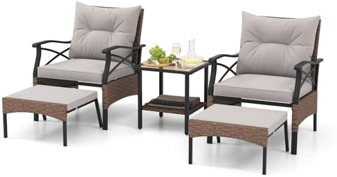 RELAX4LIFE Rattan Garden Furniture Set, 5 PCS Outdoor Sofa Set with Removable Cushions, 2 Armchairs, 2 Footstools & Coffee Table, Patio Conversation Sets for Lounge Backyard Poolside