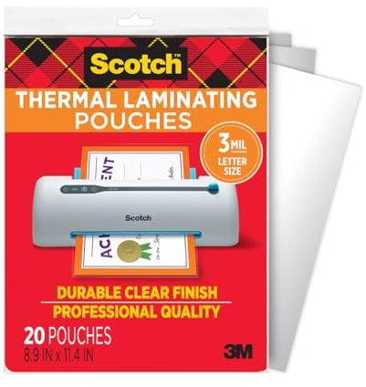 Scotch Letter size thermal laminating pouches, 3 mil, 11 1/2 x 9, 20/pack,