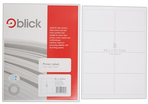 Blick Labels, White, 8 Per Sheet 25 Sheets, Rectangular, 99.1mm x 67.8mm, 200 Labels, For Home, Office, Family, School