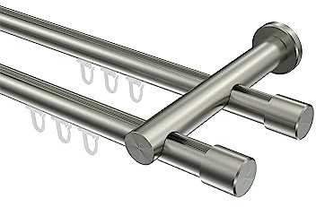 INTERDECO Innenlauf-Gardinenstange 20 mm 2-läufig, moderne Innenlaufstange aus Metall, Edelstahl-Optik, zur Wandmontage, Typ 10213112, 360 cm