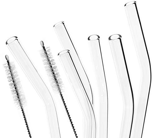 bremermann 6er Set Glas-Trinkhalme, Cocktail-Set, Verschiedene Längen, wiederverwendbar, transparent oder bunt, Gebogene Form, inklusive 2 Reinigungsbürsten (transparent, 20 cm)