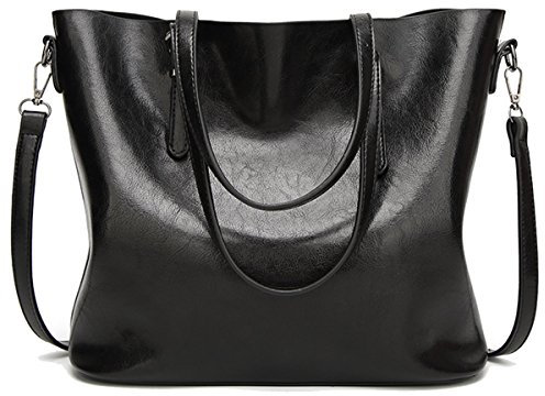 Coolives Damen Tote Shopper Tasche Schultertasche mit Schultergurt Umhängetasche Handtasche aus PU-Leder Schwarz EINWEG