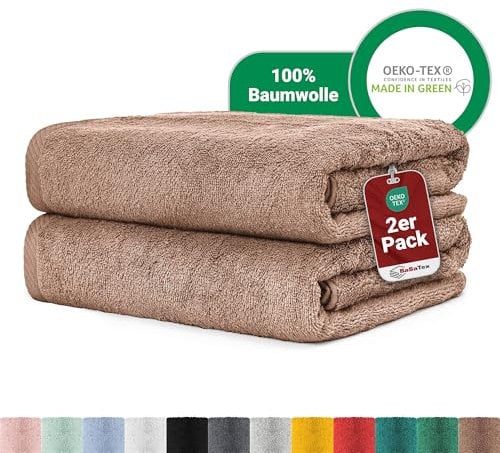 BaSaTex 2er Pack Frottier Saunatücher Set 80x200 cm 100% Baumwolle, 2X Saunatuch, Strandtuch XXL Sandstone
