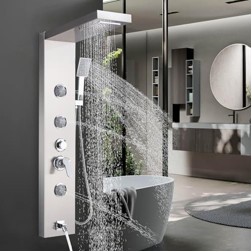 AlenArt Duschpaneel Massagedüsen Regen Wasserfall Duschkopf Dusche Edelstahl Wandhalterung Massage Multifunktions Badezimmer Duschpaneel Turmsystem Gebürstetes Nickel ……