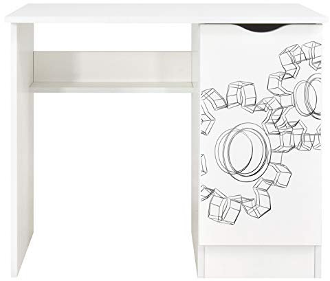 Leomark Weiß Kinderschreibtisch - Roma - Gemütlich Schreibtisch für Kinder mit Regal, Computertisch, Möbel für Kinderzimmer, Höhe: 77 cm (UV-Druck: Kettenräder)