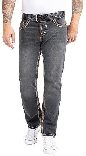 Rock Creek Herren Jeans Hose Comfort Fit Dicke Nähte Jeans Herrenjeans Herrenhose Denim Stonewashed Basic Weites Bein Raw RC-2168 Dunkelgrau W34 L30