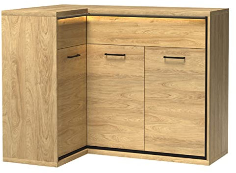 Mirjan24 Eckkommode Berspe BP15O, Kommode, Mehrzweckschrank, Anrichte für Diele und Flur Esszimmerkommmode, Gedämpftem Schließsystem, Seite: Rechts (Hikora Natur, mit LED Beleuchtung)