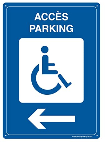 AUA SIGNALETIQUE - Panneau Prépercé (4 Trous) avec Angles arrondis - PVC Rigide 1.5 mm - (350x490 mm, Accès Parking PMR à Gauche)