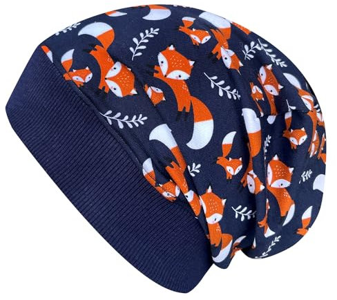 Wollhuhn ÖKO Leichte Mädchen/Jungen Beanie-Mütze Bündchen Elastisch Übergangszeit/Sommer Kinder-Mütze Baumwolle (Öko-Stoffe, Bio) 22222235 (Füchse Dunkelblau, M)